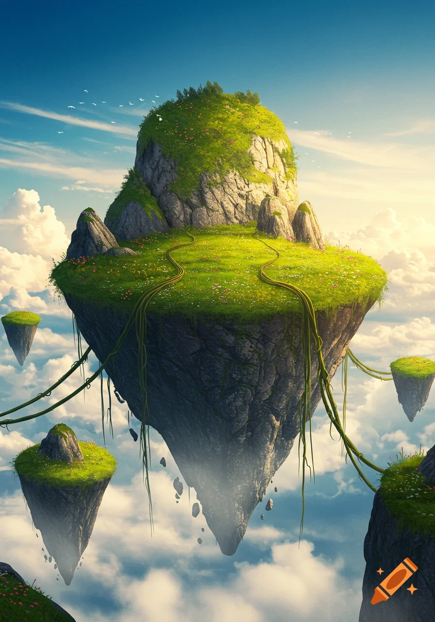 A stunning fantasy landscape featuring several floating islands covered in lush green grass, wildflowers, and rocks, connected by vines, high above a cloudy sky.