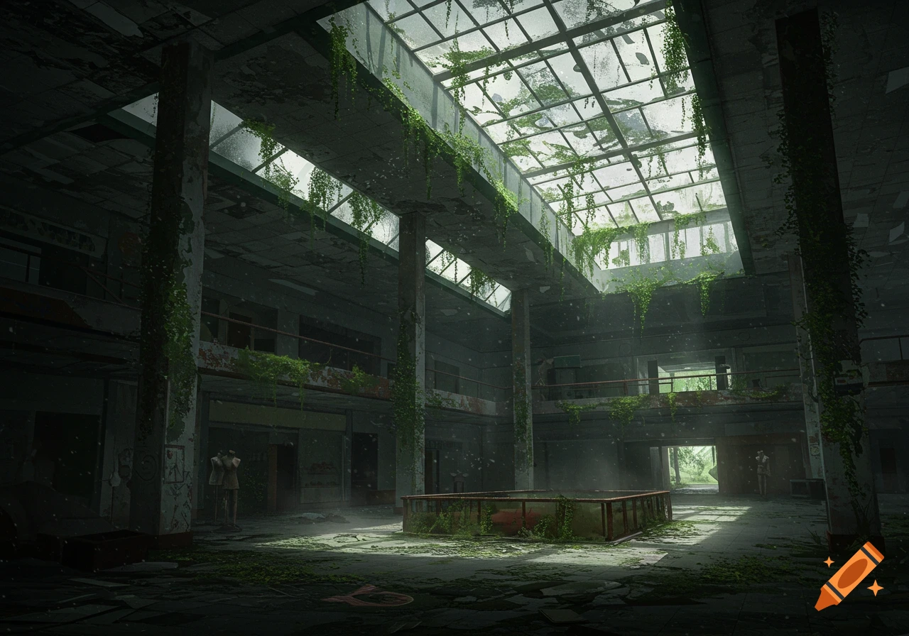 Overgrown abandoned mall interior with a large skylight, pillars, and green vines covering the structure and floor.