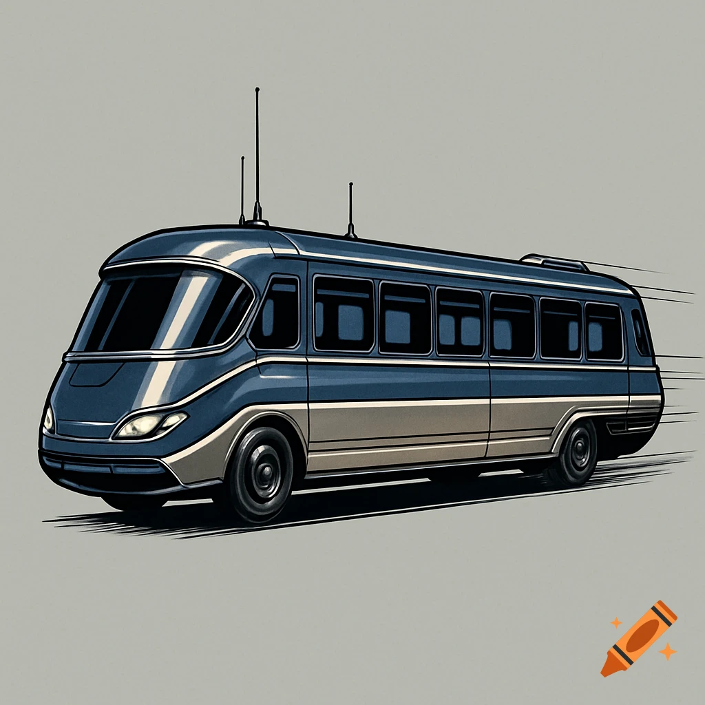 A stylized blue and silver futuristic commuter bus with antennas, in motion with speed lines, on a solid light gray background.