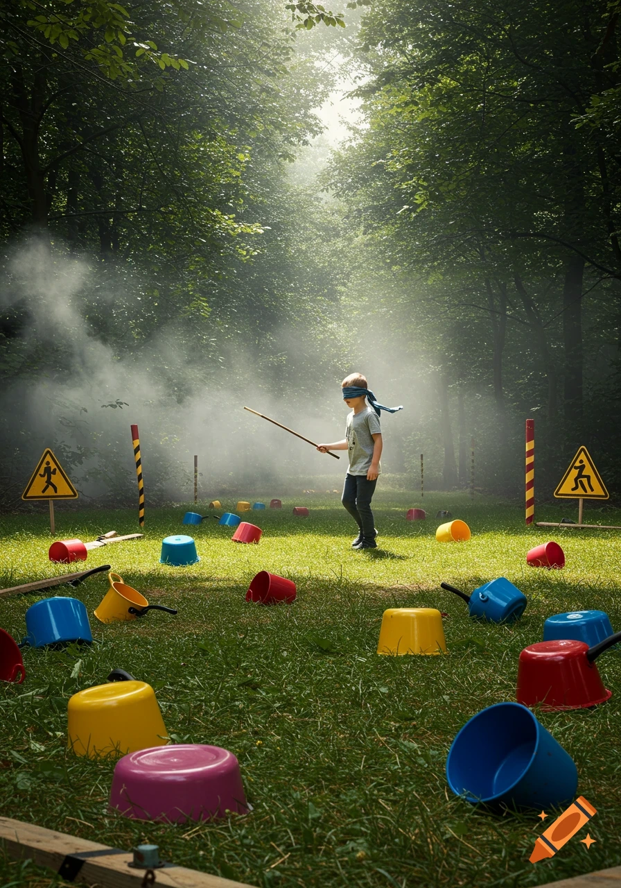 A blindfolded child with a stick walks through a grassy forest clearing filled with colorful buckets and caution signs, with mist in the background.