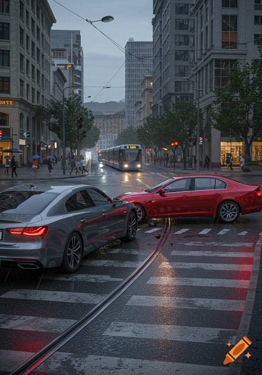 A photorealistic depiction of a grey sedan and a red sedan after a collision at a wet city intersection on a cloudy day, with a tram and pedestrians in the background.