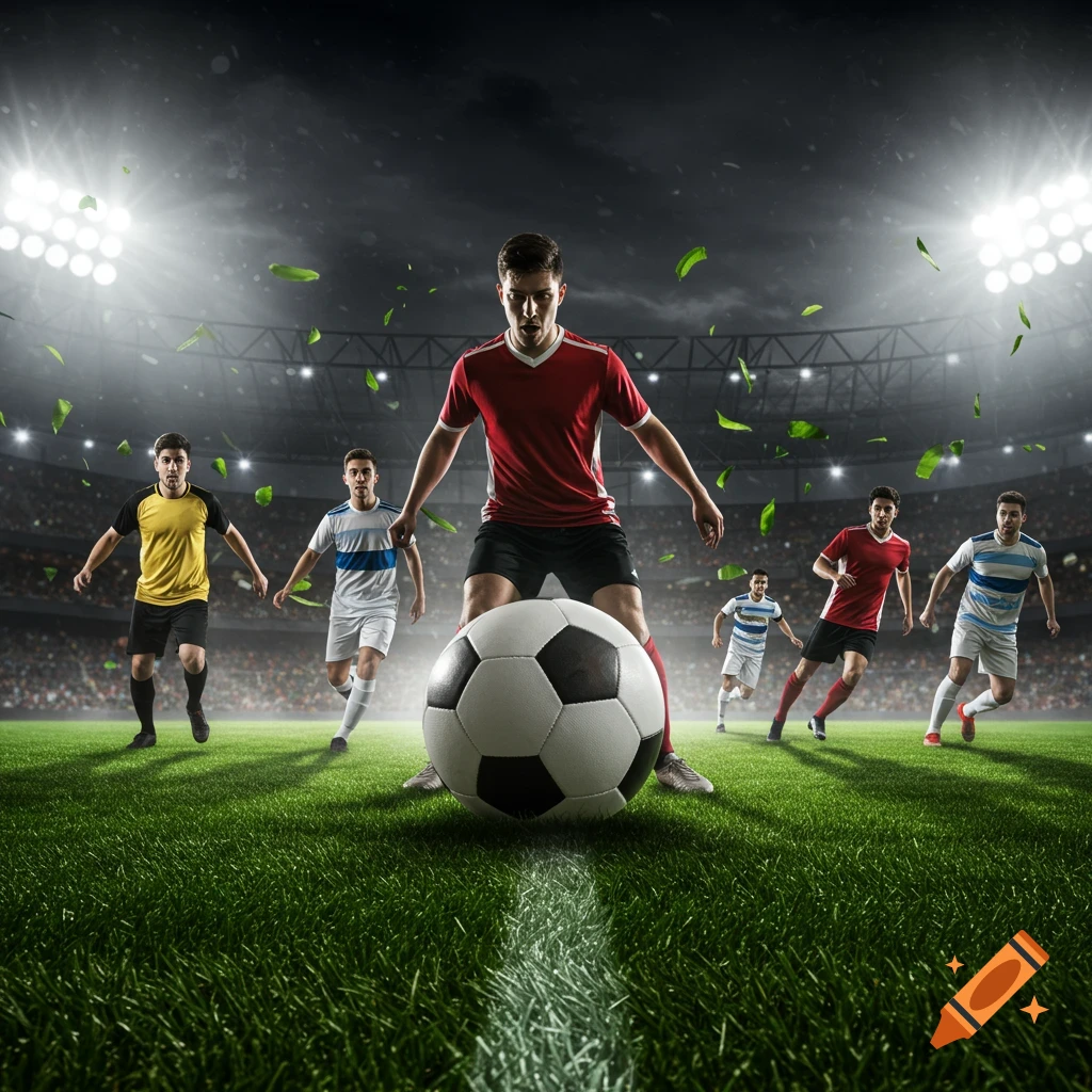 Male soccer player about to kick a ball on a green grass field in a floodlit stadium at night with other players.