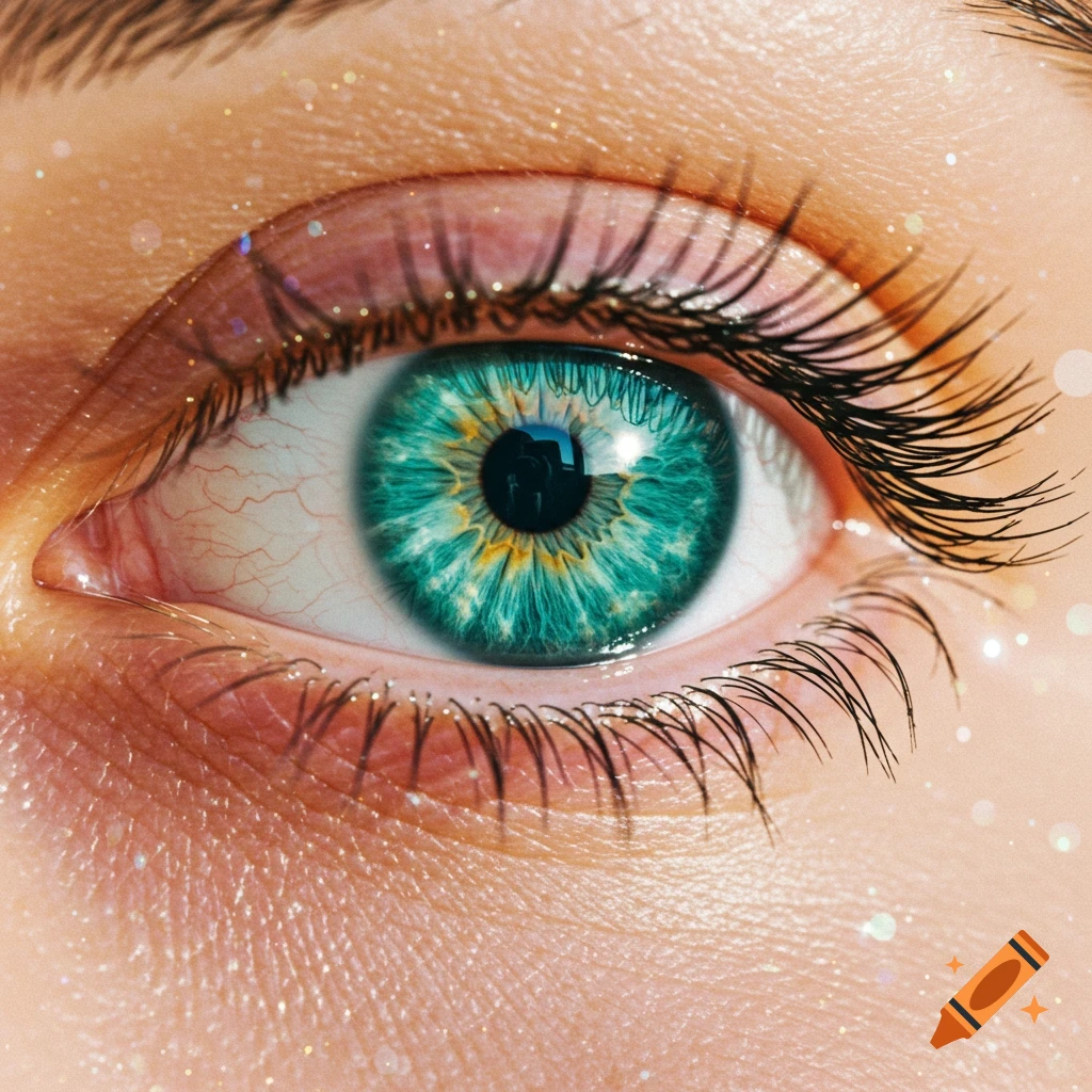 A macro close-up of a human eye with a vibrant teal and yellow iris, long eyelashes, and glittery specks.
