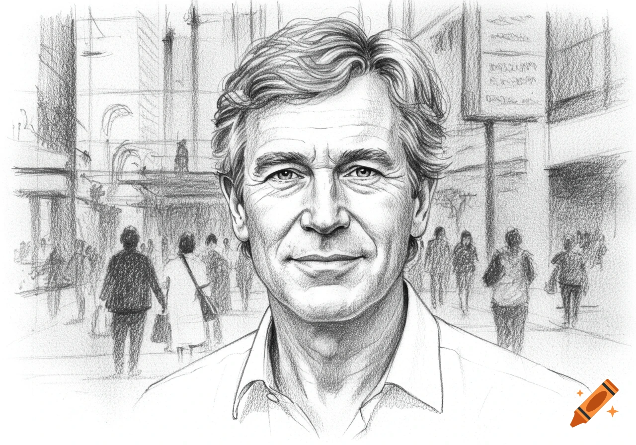 A black and white pencil sketch of a middle-aged white man smiling, with a blurry, sketchy urban background of buildings and people walking.