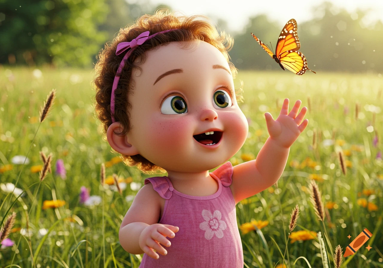 A happy 3D animated baby girl with curly hair and a pink headband in a sunny field, reaching for a monarch butterfly.