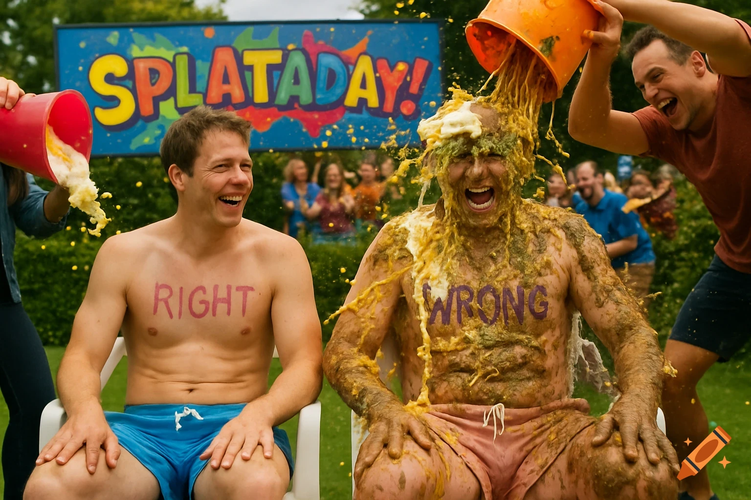Two laughing men, one covered in food and mud, participate in a messy outdoor game with a 'SPLATADAY!' banner.