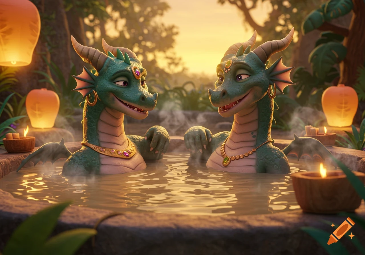Two animated green dragons with jewelry relax in a steaming hot tub with lanterns at sunset in a jungle setting.