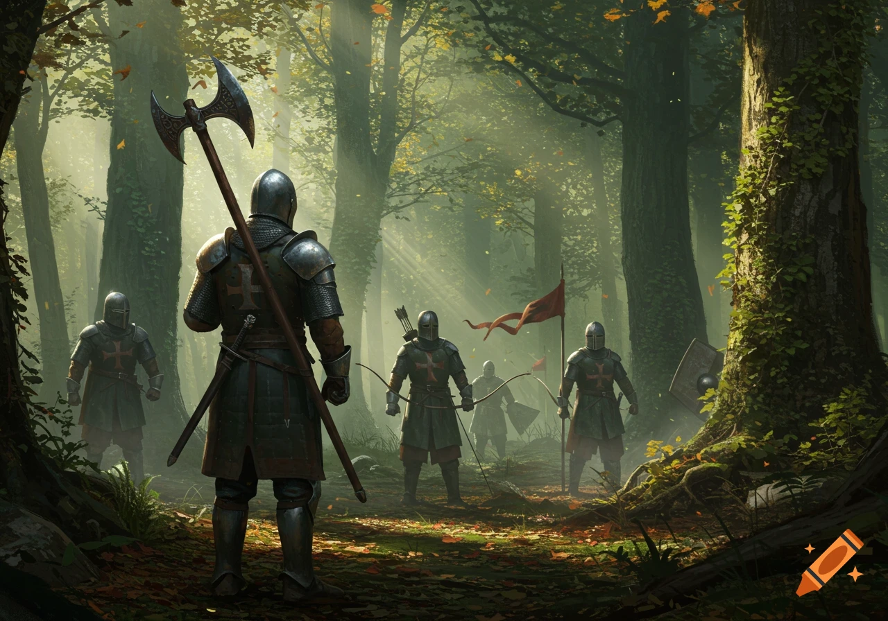 Armored knights, one with a battle axe, and archers walk through a mystical, sun-dappled forest, fantasy art style.