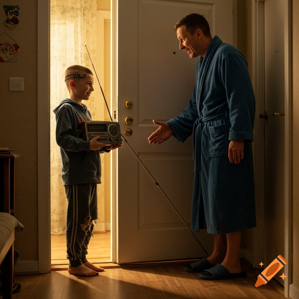 A smiling boy in a torn tracksuit and an adult in a blue robe exchange a vintage radio in a warmly lit doorway.