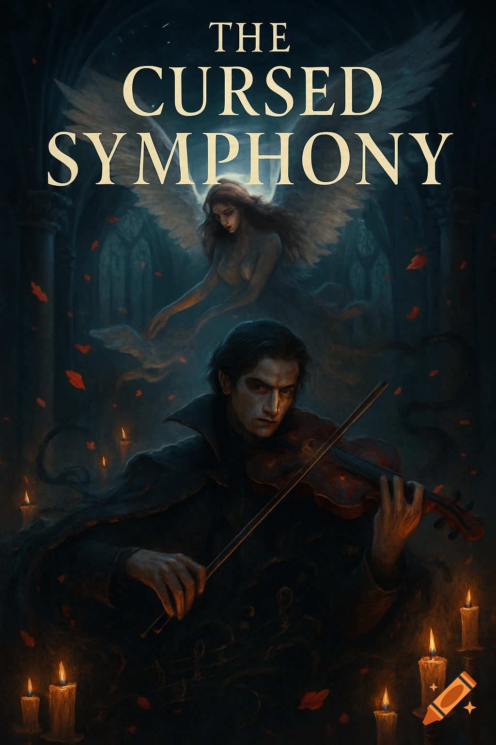 A dark-haired man plays a violin with a winged, ethereal woman floating above him. Candles glow in a dark, atmospheric setting with falling red leaves. Title: "THE CURSED SYMPHONY".