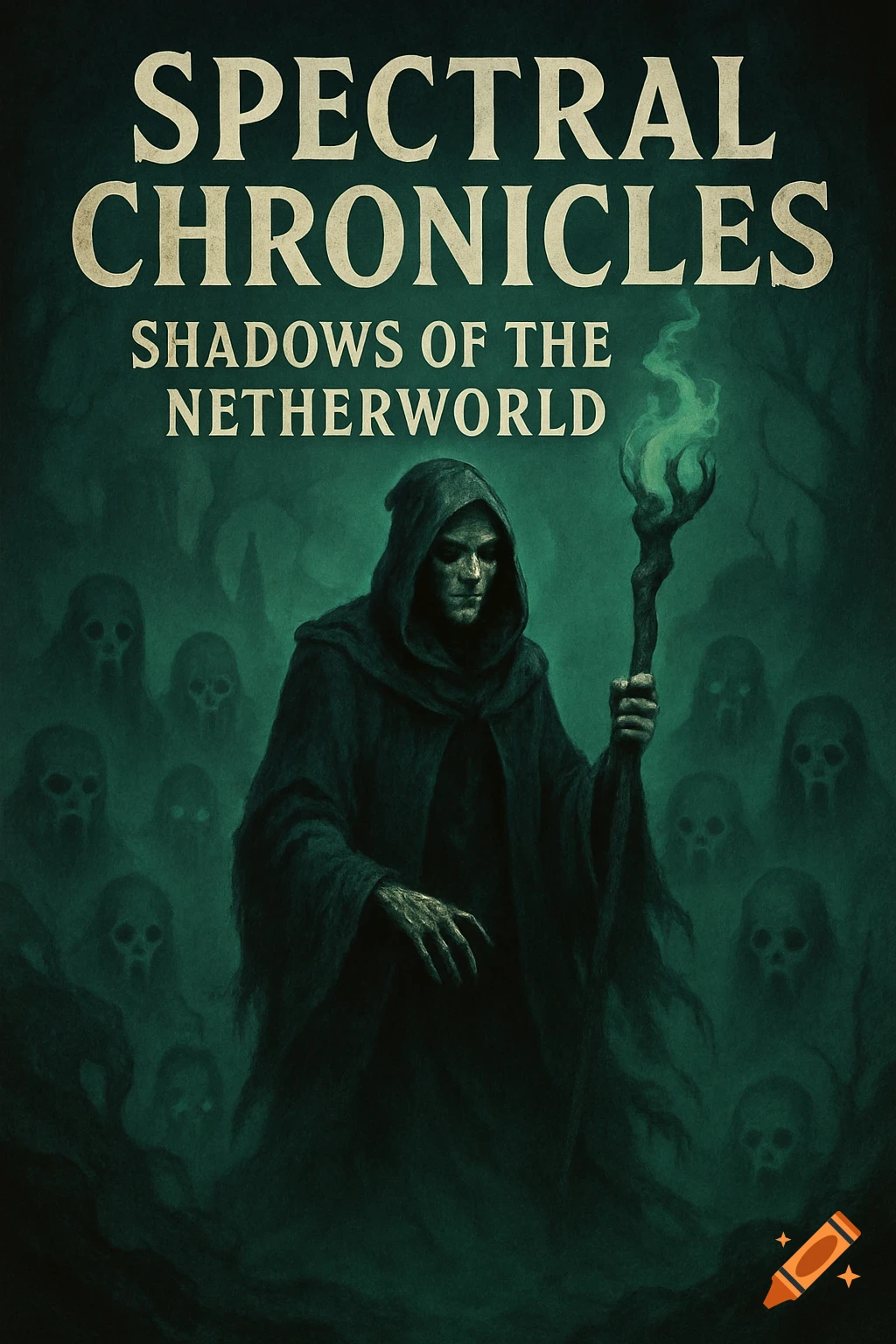 Dark fantasy illustration of a cloaked figure holding a green glowing staff, surrounded by ghostly skulls in a misty forest. Text: 'Spectral Chronicles, Shadows of the Netherworld'.