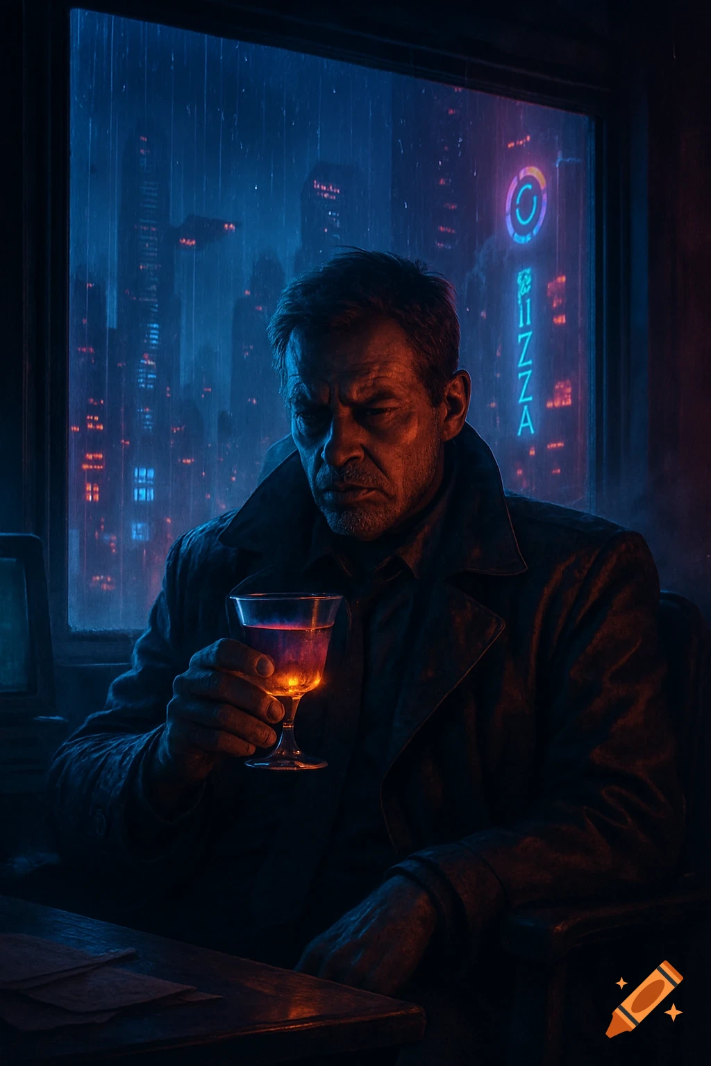 Digital painting of a man sipping a glowing cocktail in a rainy futuristic city, viewed through a neon-lit window.