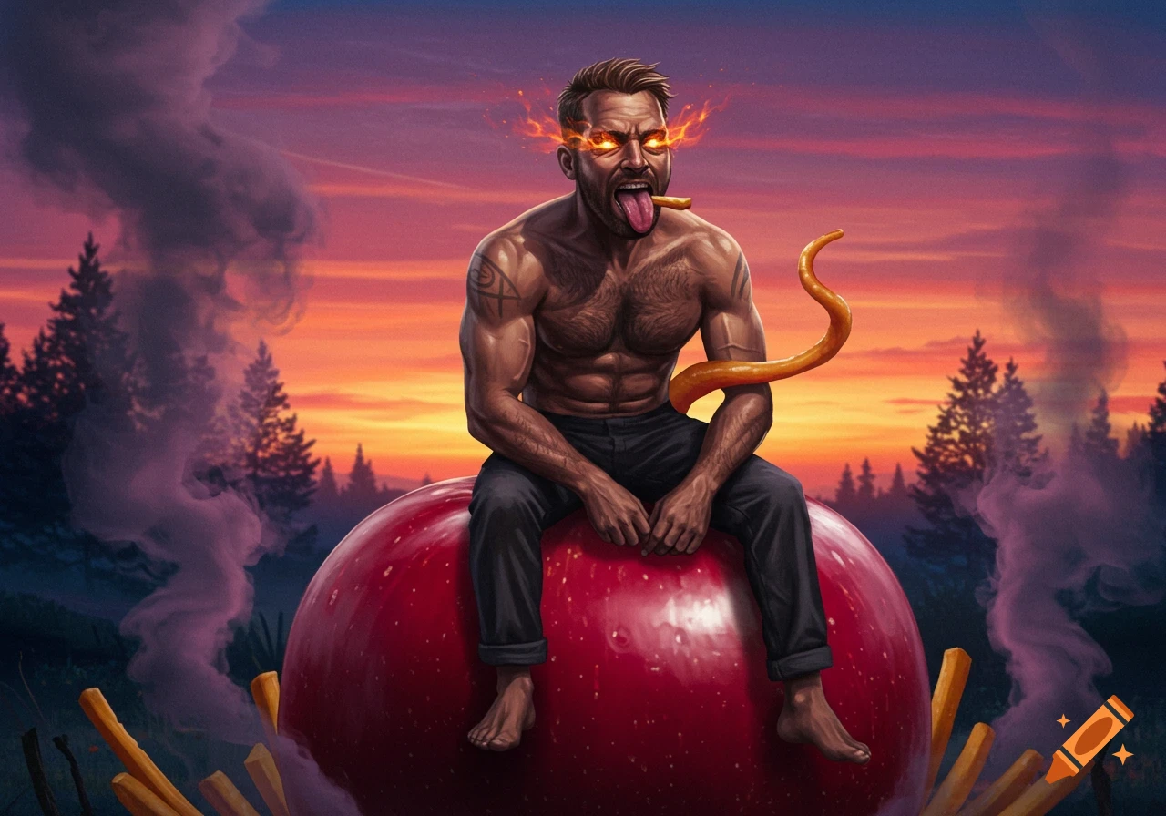 A muscular, shirtless man with burning eyes sits on a giant red apple, tongue out with a fry, against a smoky sunset forest. Stylized.