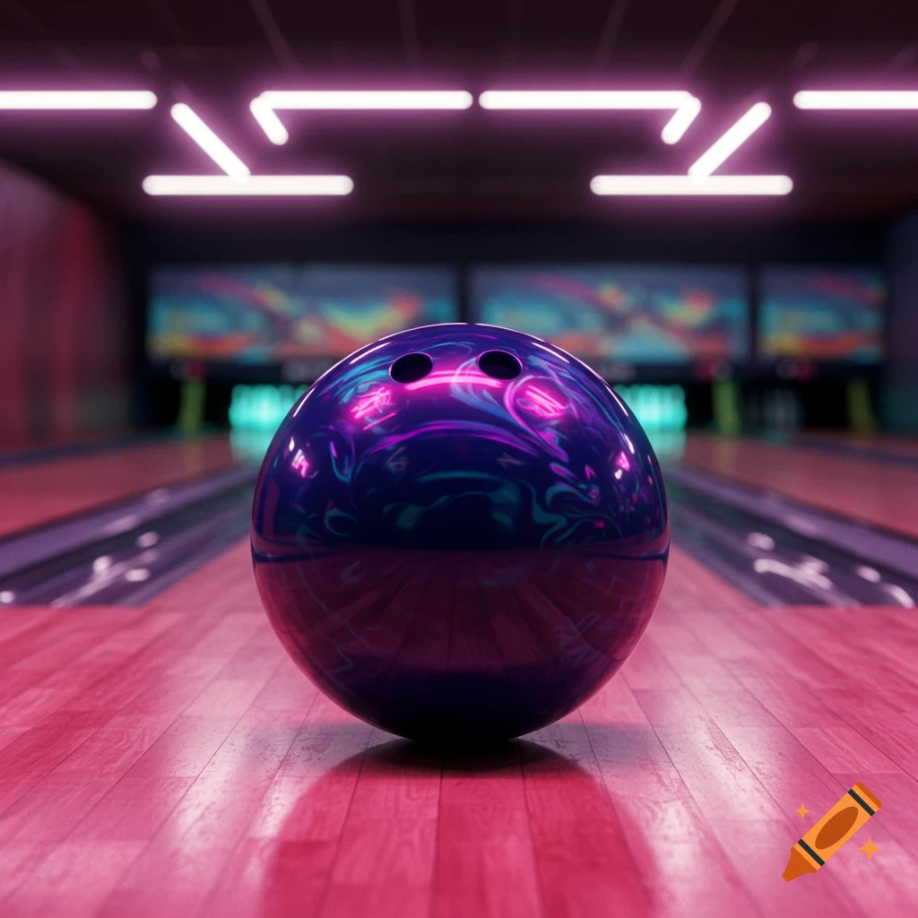 A vibrant, purple and teal bowling ball sits on a glossy pink bowling lane in a dimly lit alley with neon lights.