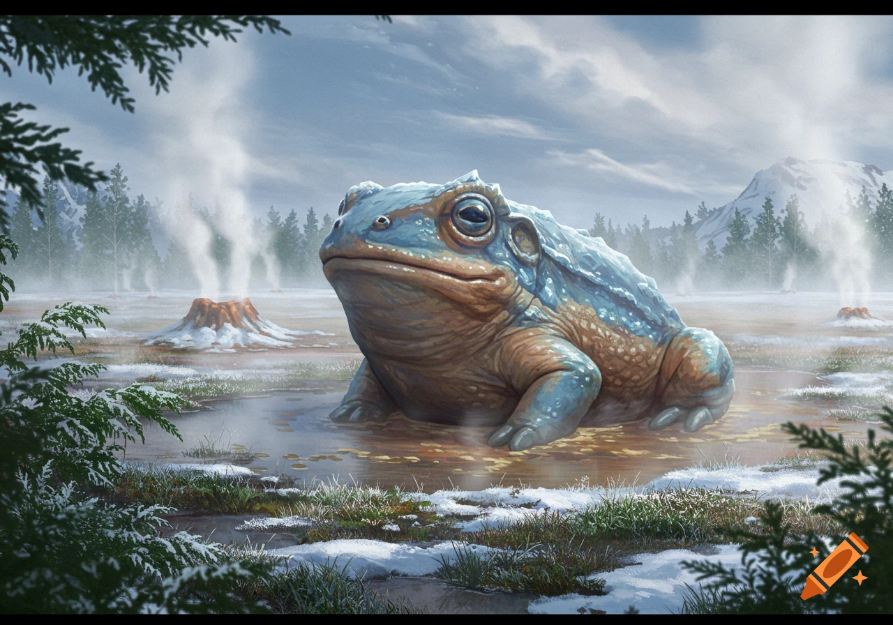 A huge, blue and brown frog-like creature sits in a snowy thermal marsh with steam rising from vents, surrounded by pines and mountains.