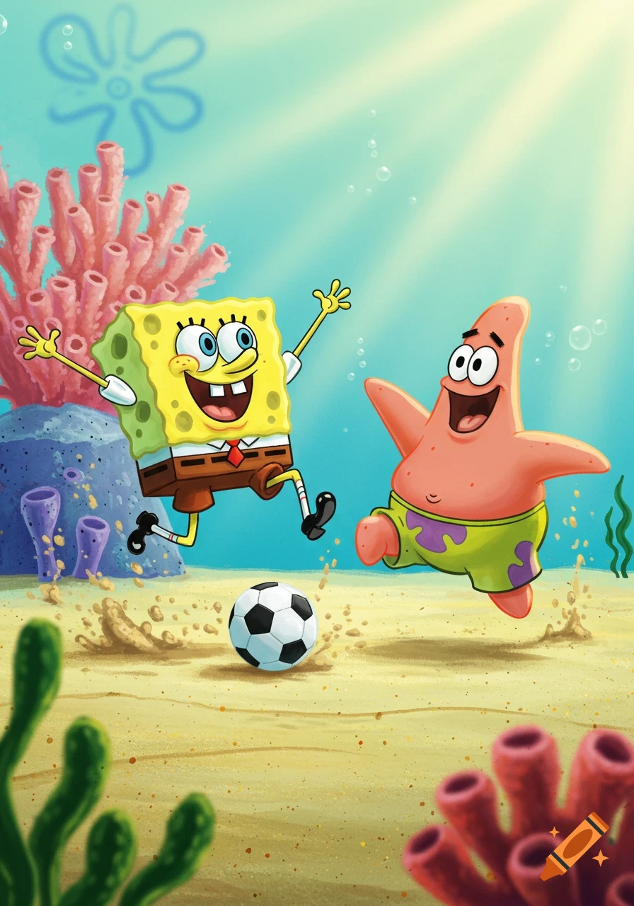 Spongebob Squarepants and Patrick Star cheerfully play soccer underwater, with coral and bubbles in the background.