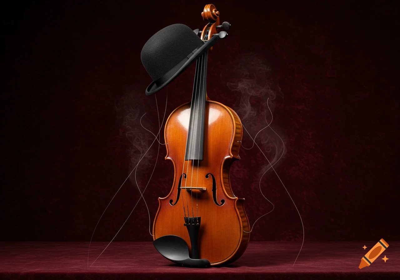 A photorealistic violin wearing a black bowler hat, surrounded by smoke and wavy lines, against a dark red background.