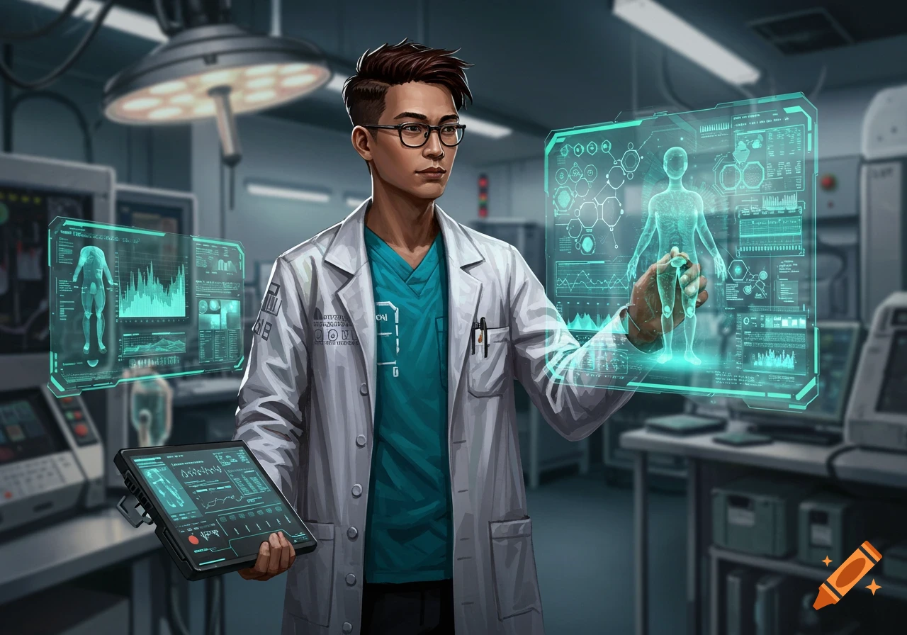 A male doctor in a lab coat interacts with glowing holographic medical displays showing a human figure and data, holding a tablet in a futuristic lab.