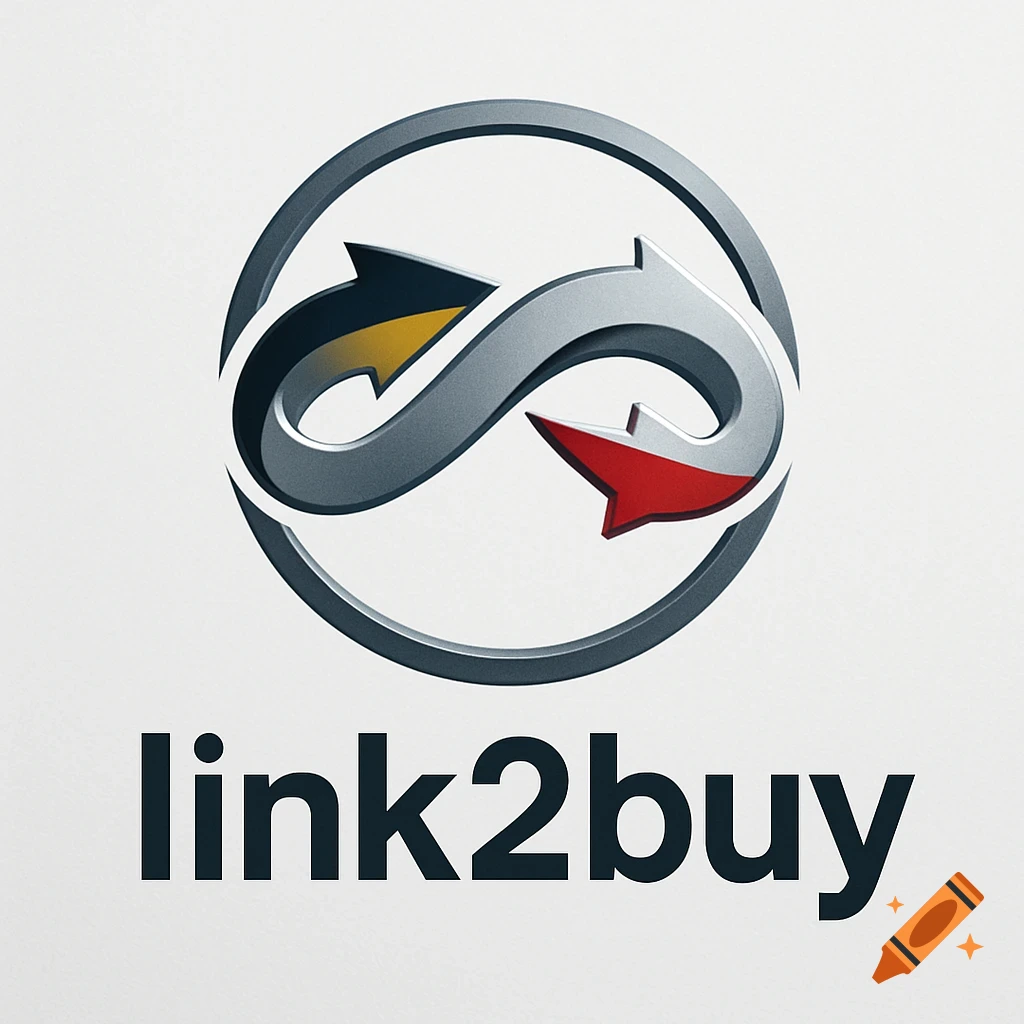 A metallic circular logo with a grey infinity symbol turning into a yellow arrow left and a red arrow right, with 'link2buy' text below.