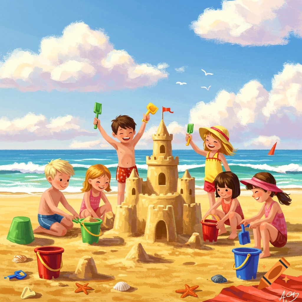 An illustration of happy children building a sandcastle on a sunny beach with buckets and shovels.