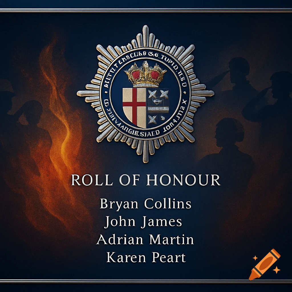 A dark blue commemorative banner with a golden crest, 'ROLL OF HONOUR', and four names. Silhouettes of saluting figures and flames appear in the background.