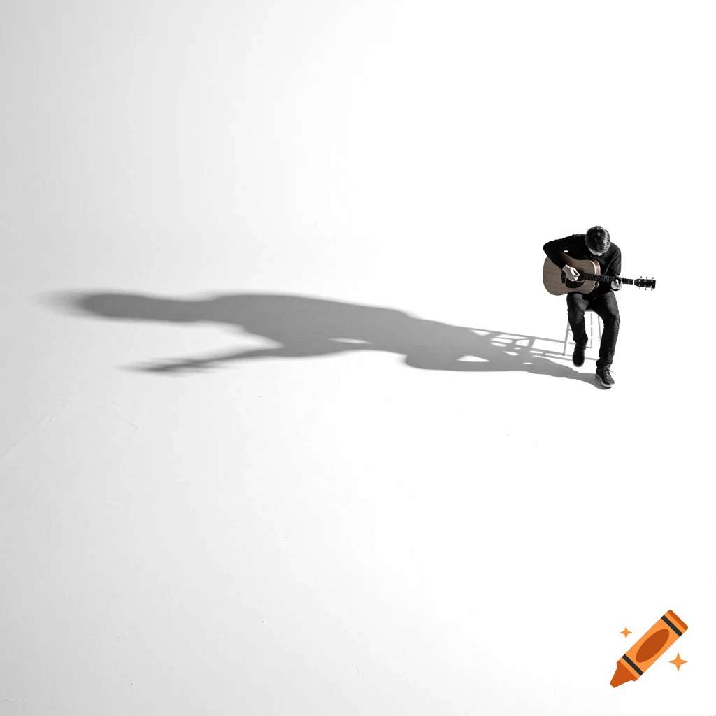 A small man playing an acoustic guitar on a stool, casting a long, distorted shadow on a vast white background.