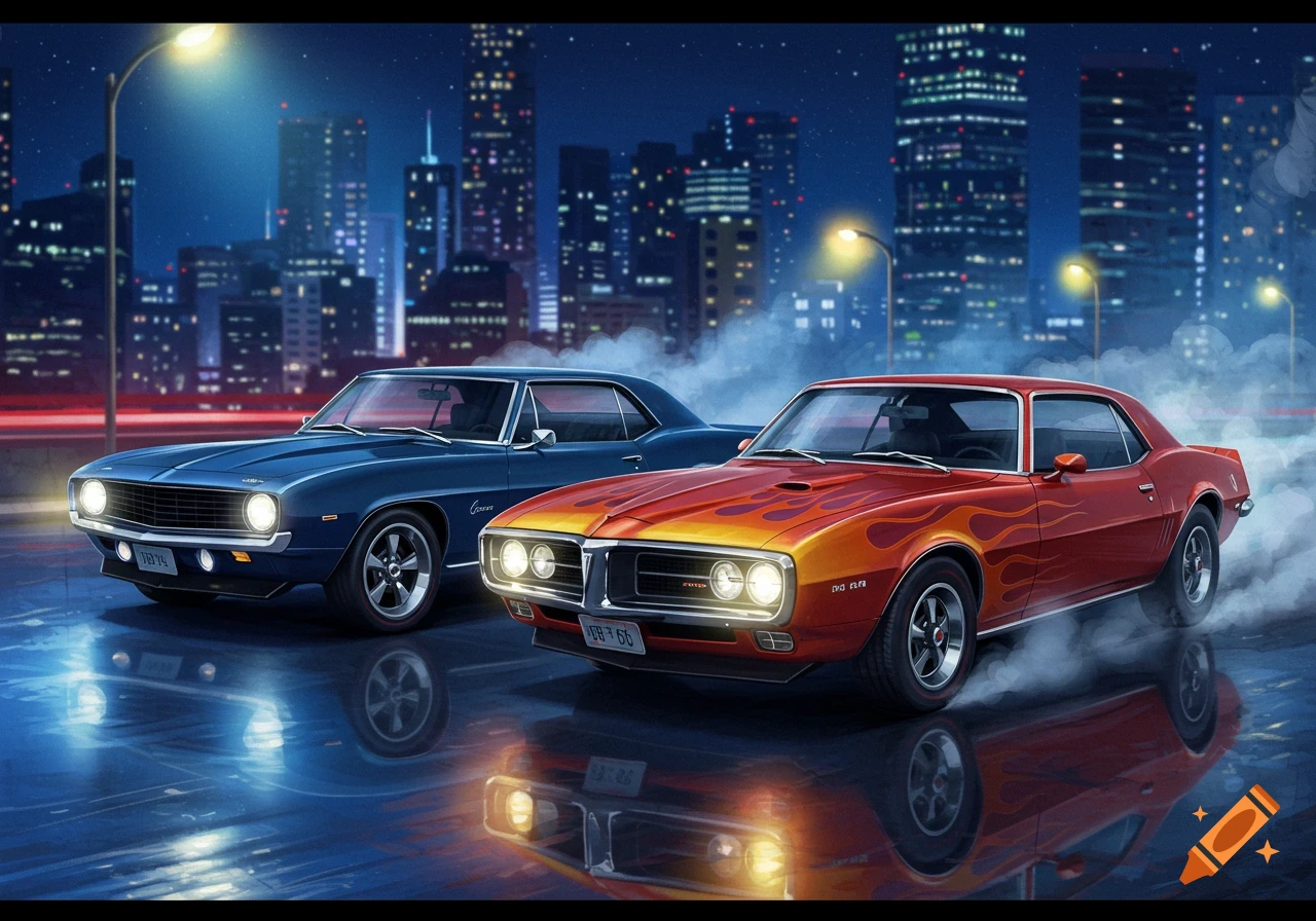 Illustrated blue Camaro and red flame-painted Firebird parked on a wet street at night, with a city skyline in the background.