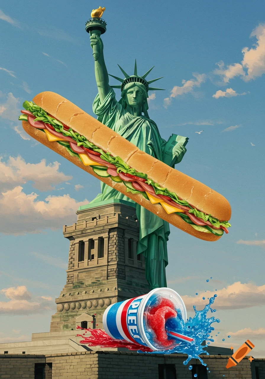 Statue of Liberty with a giant sandwich floating diagonally and a spilled red and blue slushie cup at its base, photorealistic.