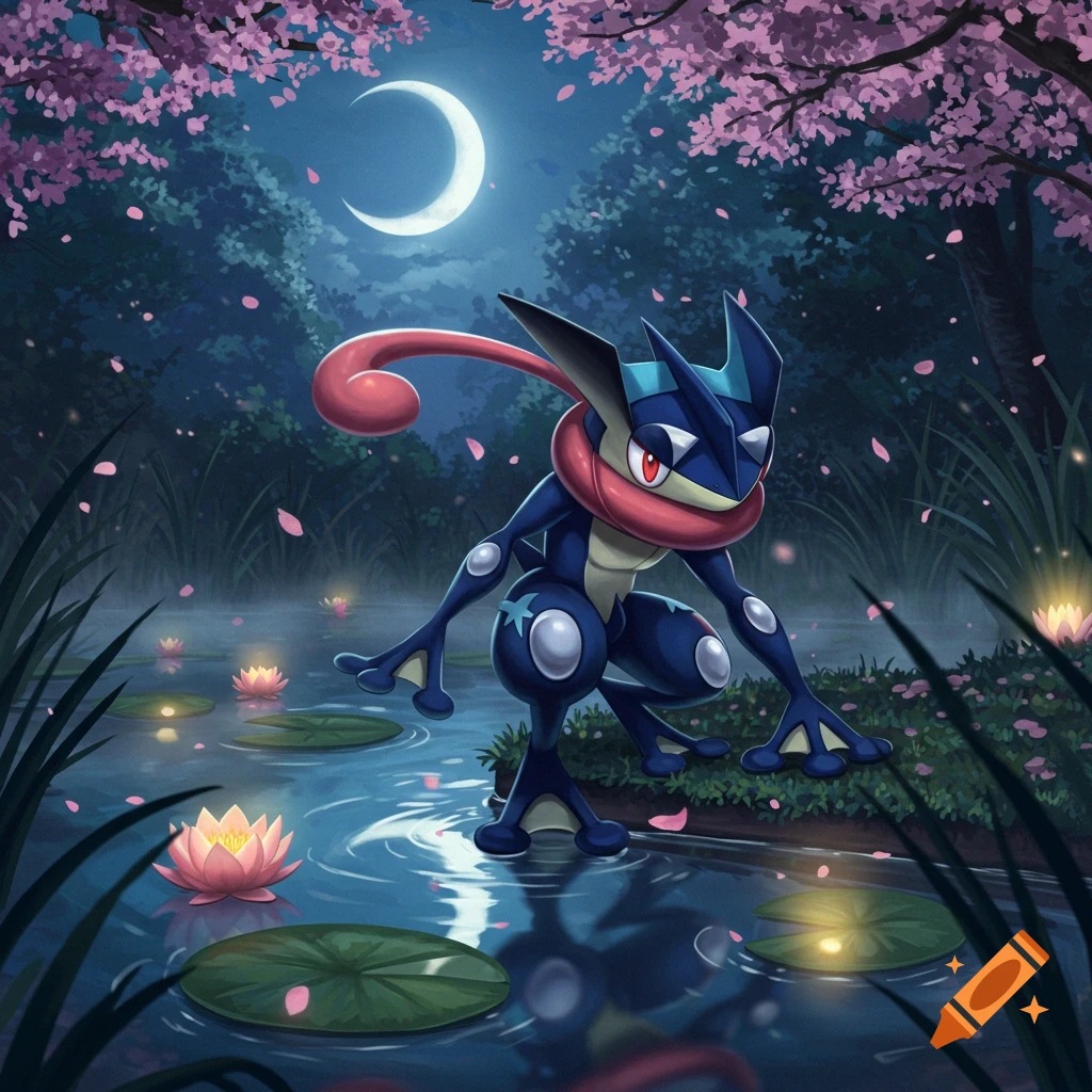 A vibrant illustration of Greninja crouching by a moonlit pond with pink cherry blossoms falling and glowing lotus flowers.