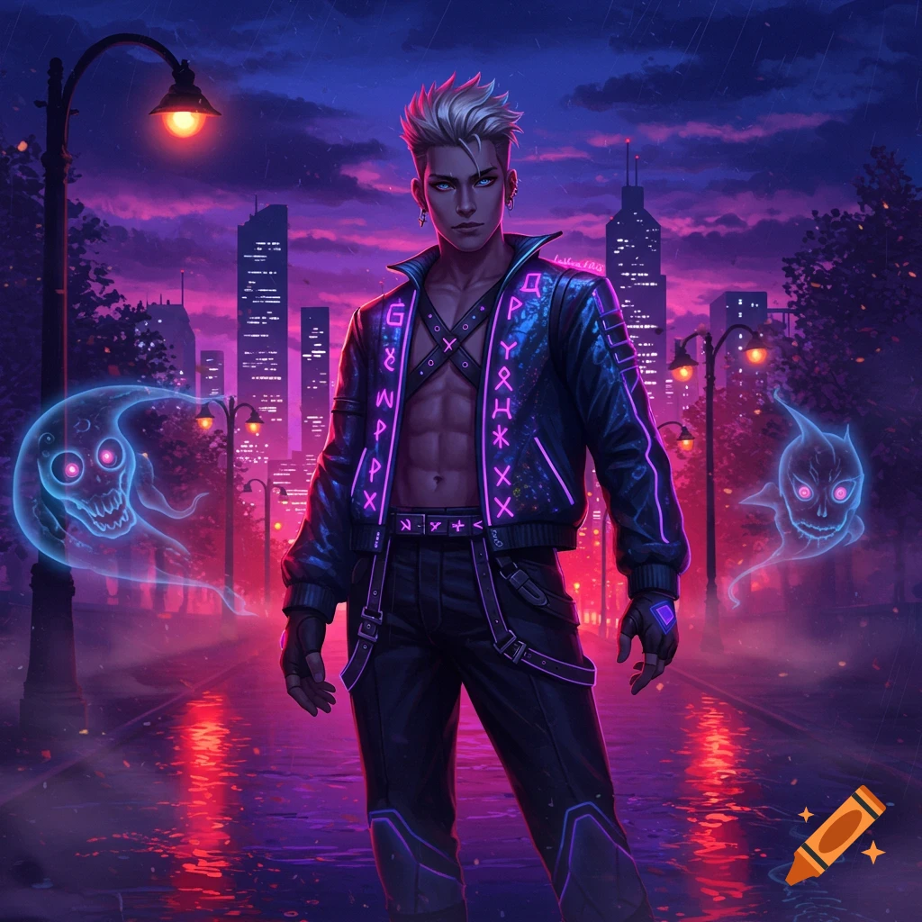 Anime man in a neon jacket on a rainy city street at night with glowing purple ghosts.