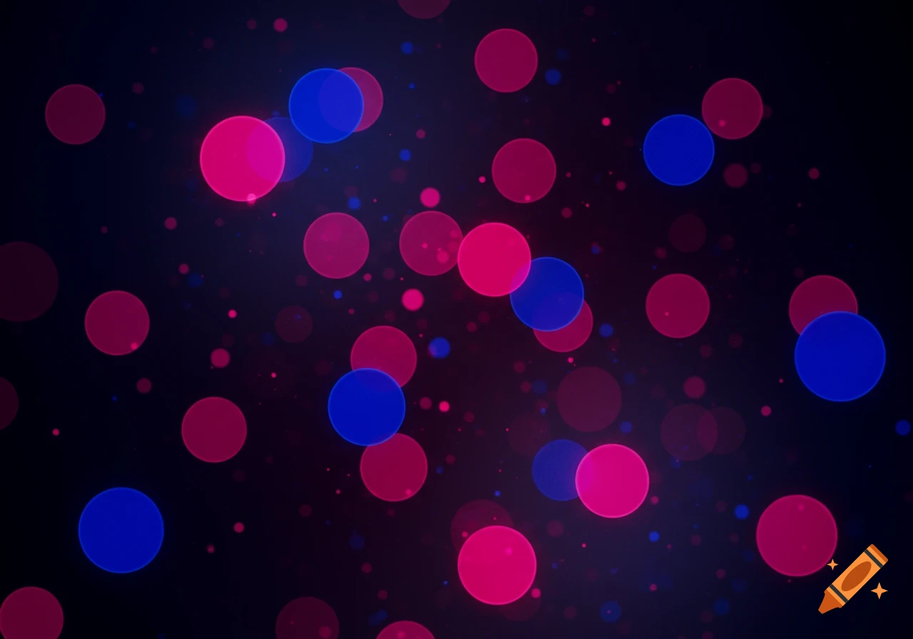 A dark background with glowing red and blue bokeh circles of various sizes.
