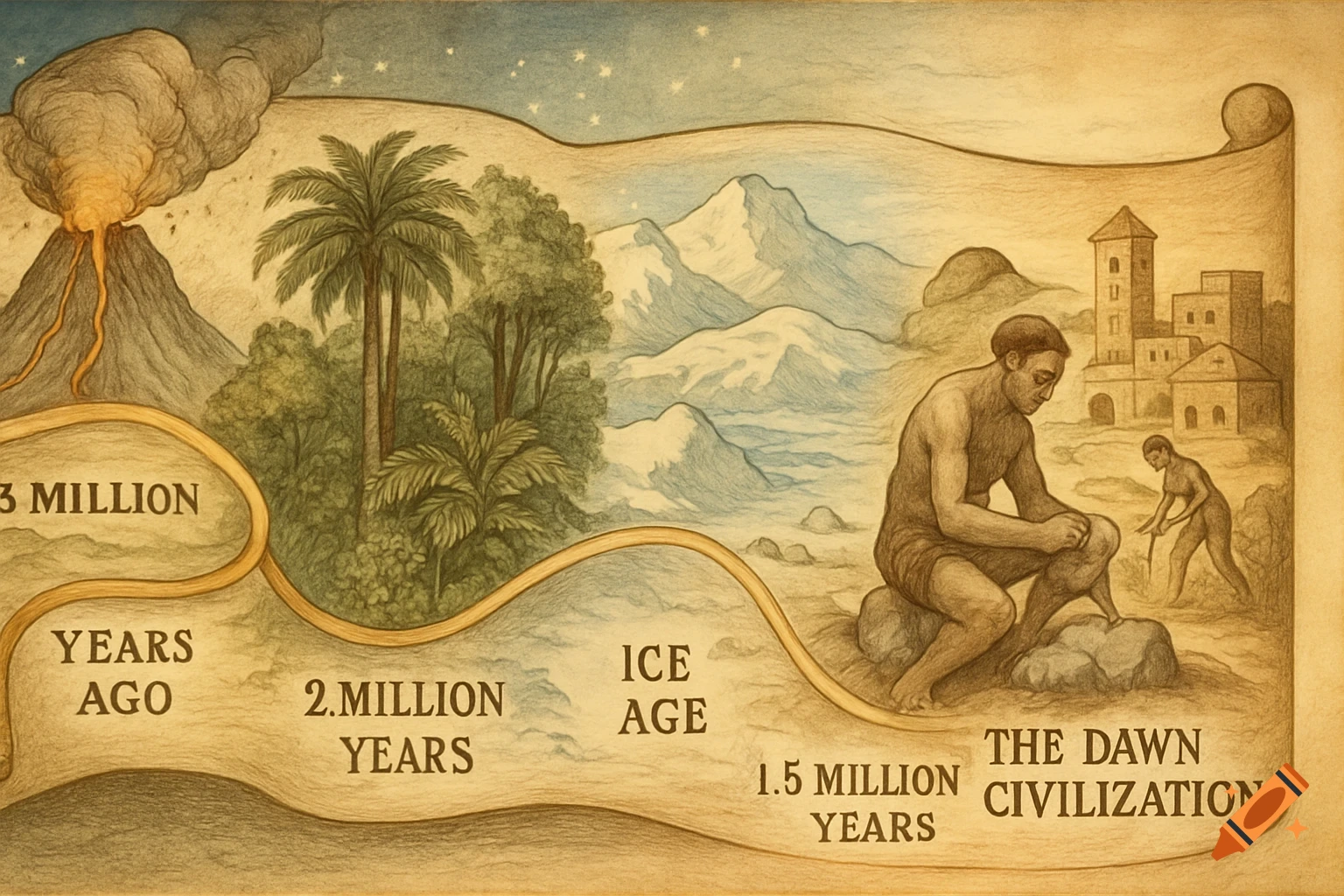 A stylized illustration depicting a chronological timeline of early human history, from volcanoes and jungles to an ice age and the dawn of civilization.