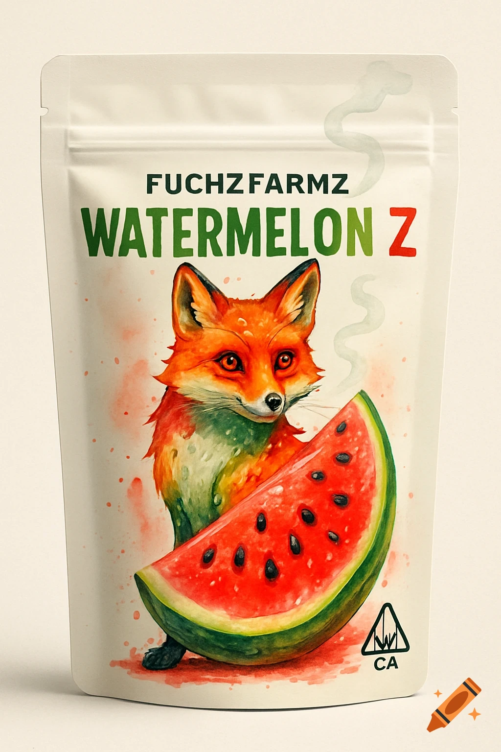 Watercolor illustration of a fox and a watermelon slice on white packaging labeled 'FUCHZFARMZ WATERMELON Z' with a cannabis symbol.