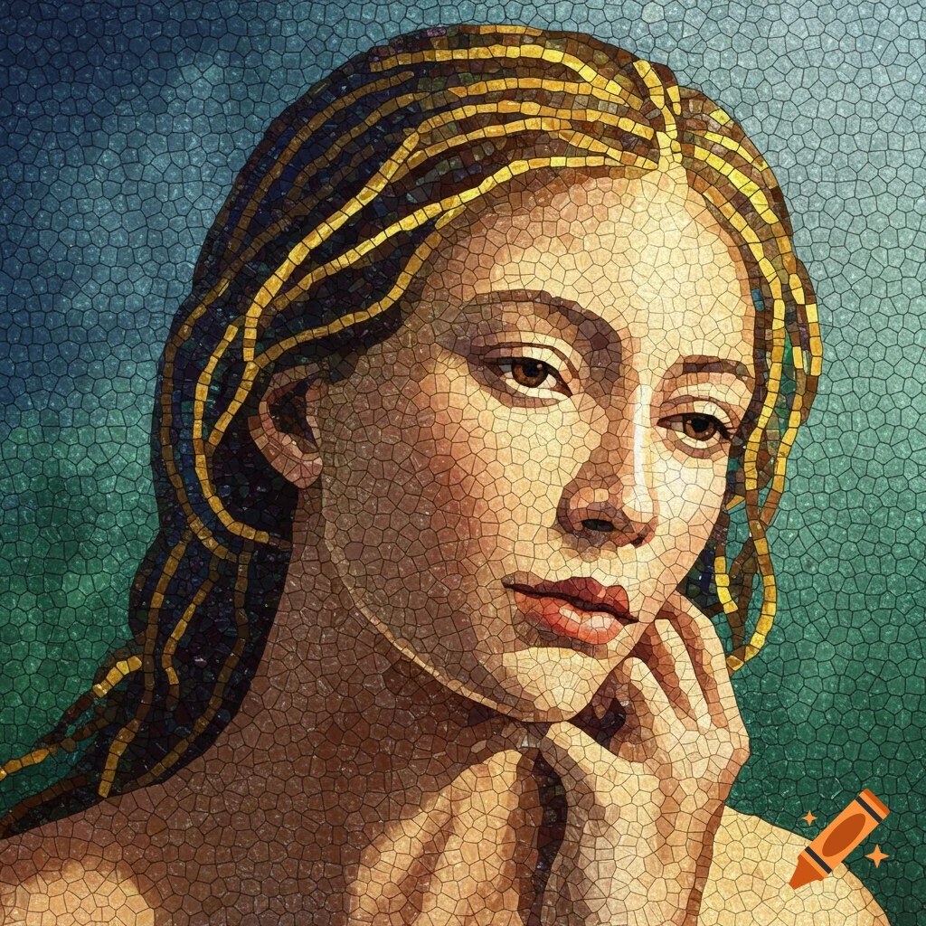 A mosaic portrait of a pensive woman with long wavy hair, looking down, against a teal background.
