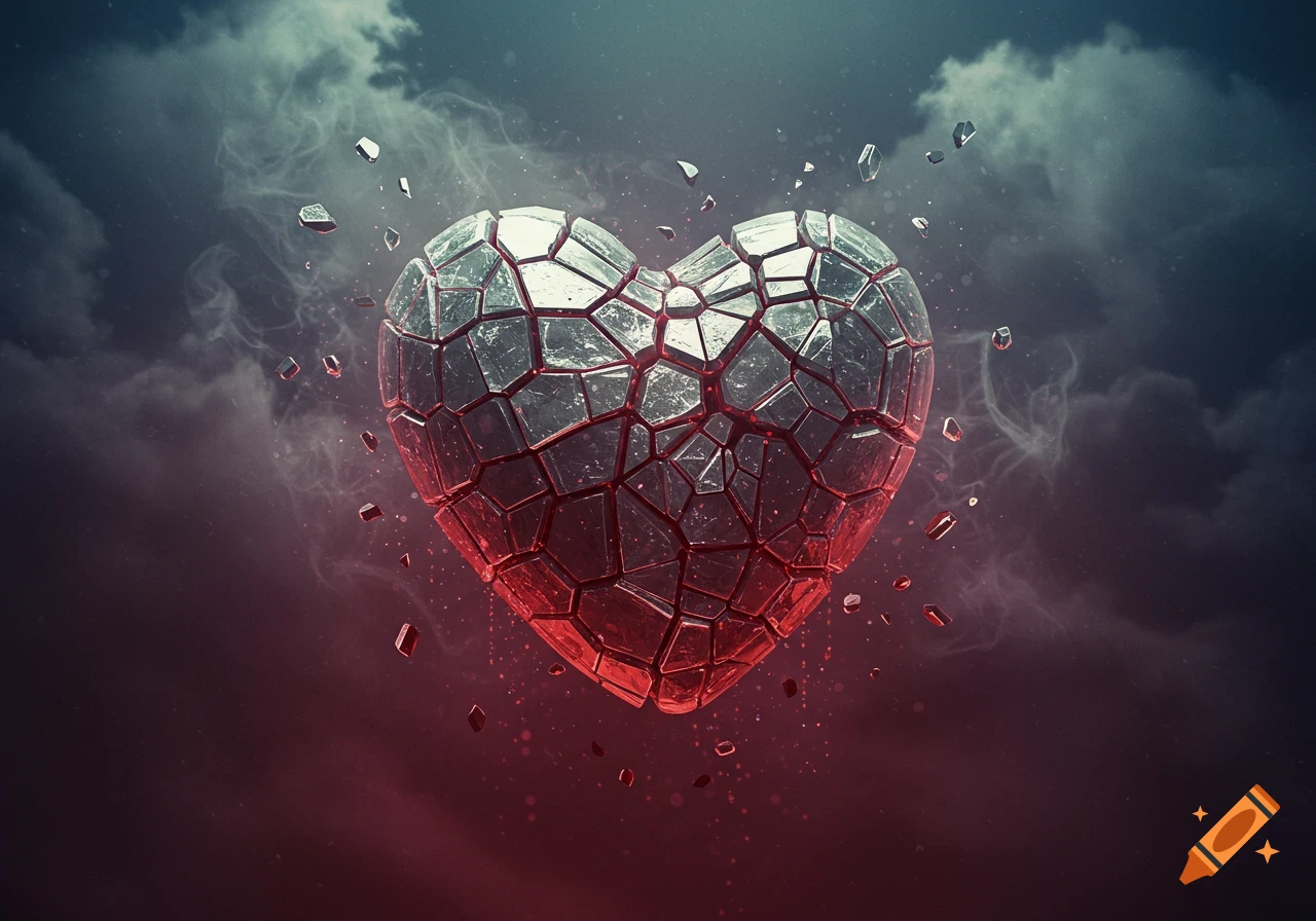 A stylized, fractured metallic heart glowing red, with pieces breaking off into a smoky, dark background.