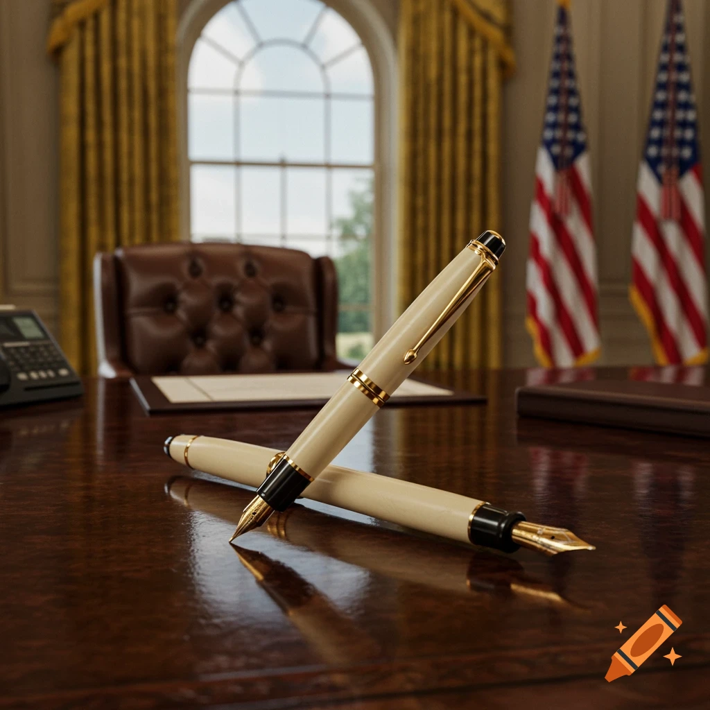 Two elegant fountain pens on a polished wooden desk, with a leather chair, arched window, and American flags in the background.
