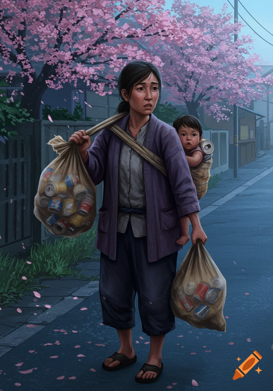 A digital painting of a Japanese woman collecting cans with a child on her back, walking on an early morning street under cherry blossoms.