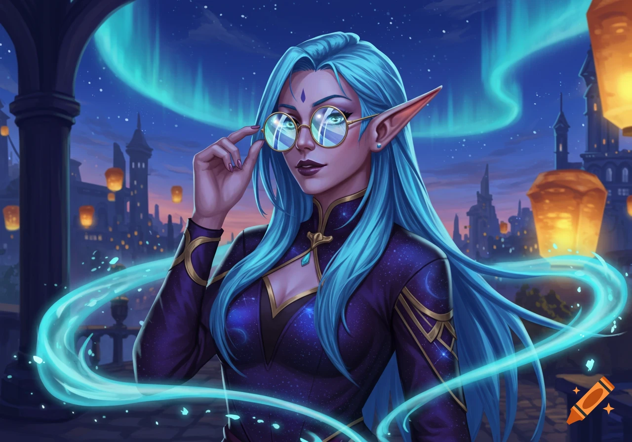 A blue-haired elf woman in a dark outfit and round glasses, adjusting her glasses with one hand, under a bright aurora at night over a fantasy city with flying lanterns.