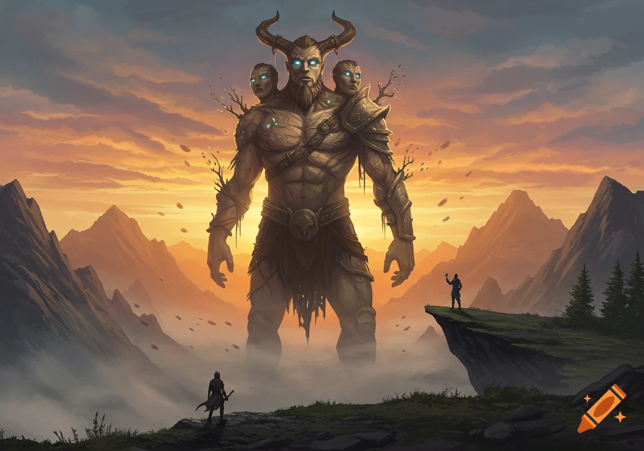 A colossal horned giant with three glowing-eyed faces stands in a misty mountain valley at sunset, dwarfing two small figures. Digital painting.