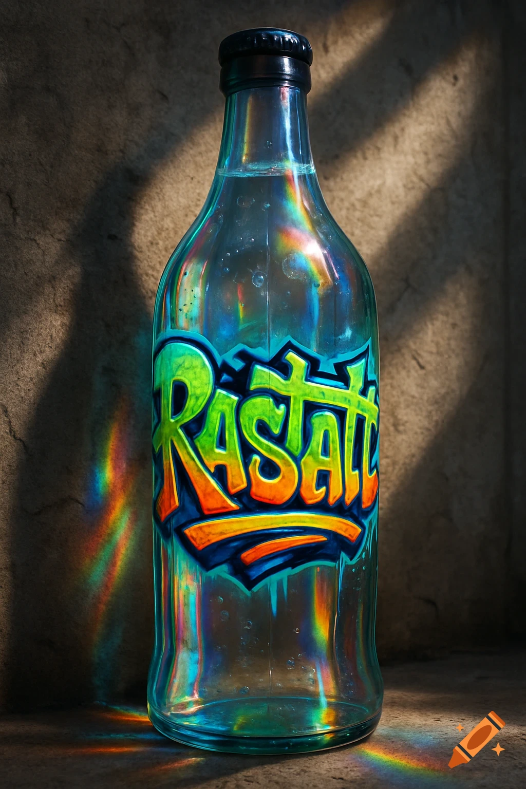 A clear glass bottle with vibrant graffiti art spelling "Rastatt" and colorful light refractions against a textured wall.