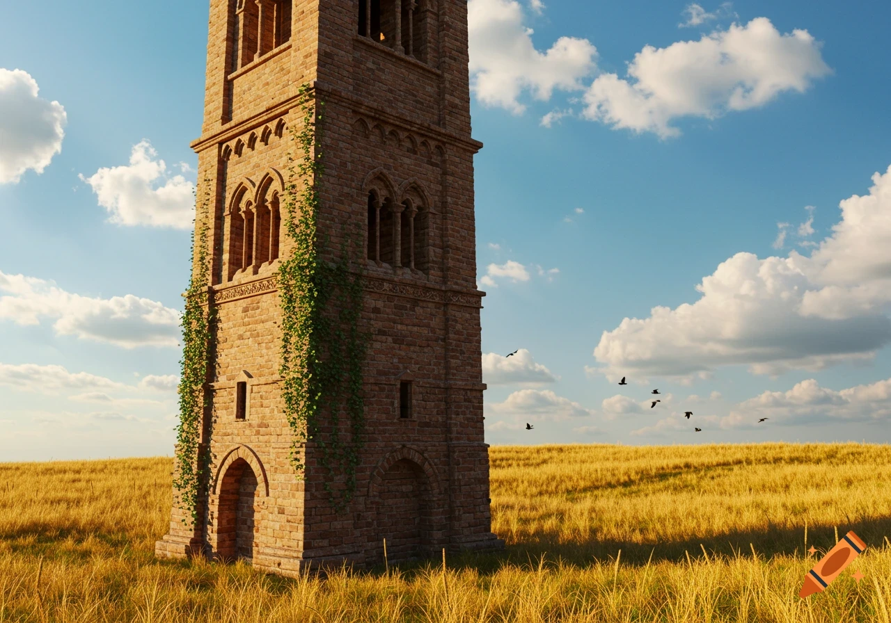 A tall, old brick tower covered in ivy stands in a golden field under a blue sky with scattered clouds and flying birds.