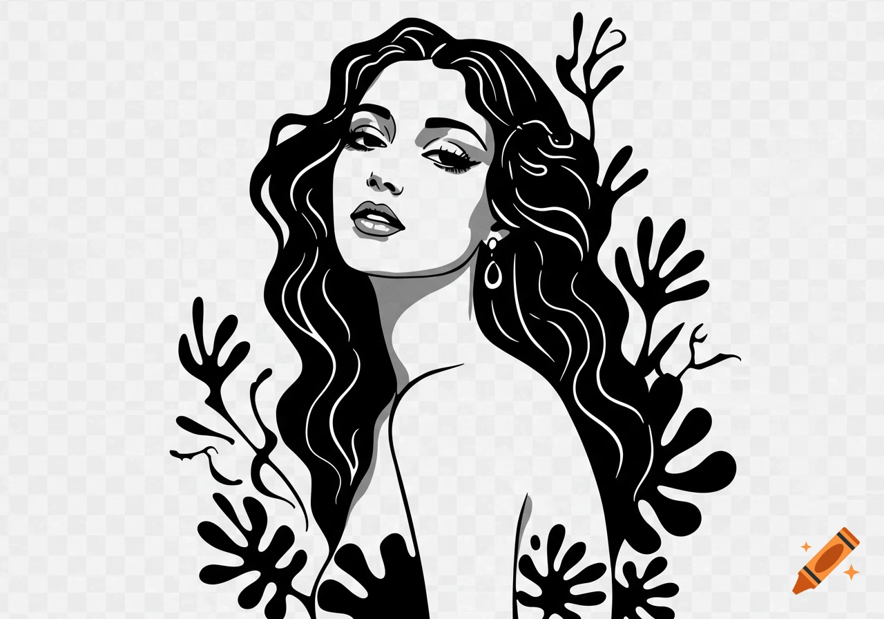 A black and white Matisse-style illustration of a woman with long wavy hair and abstract plant shapes.
