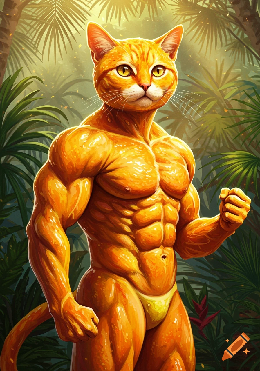 A muscular, orange anthropomorphic cat wearing a yellow speedo poses in a vibrant jungle setting, in a stylized illustration.