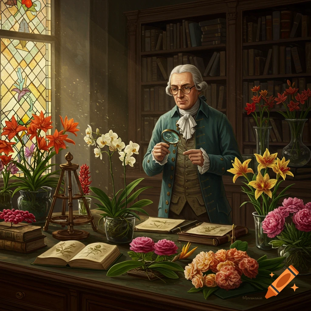 A distinguished man like Carl von Linné examines a plant with a magnifying glass in a study filled with various flowers and books, lit by a stained glass window.