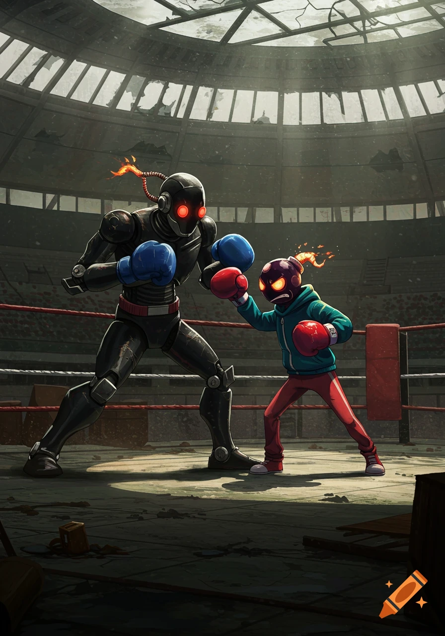 Stylized image of a bomb-headed character 'Whitty' boxing a black robot in a dilapidated arena.