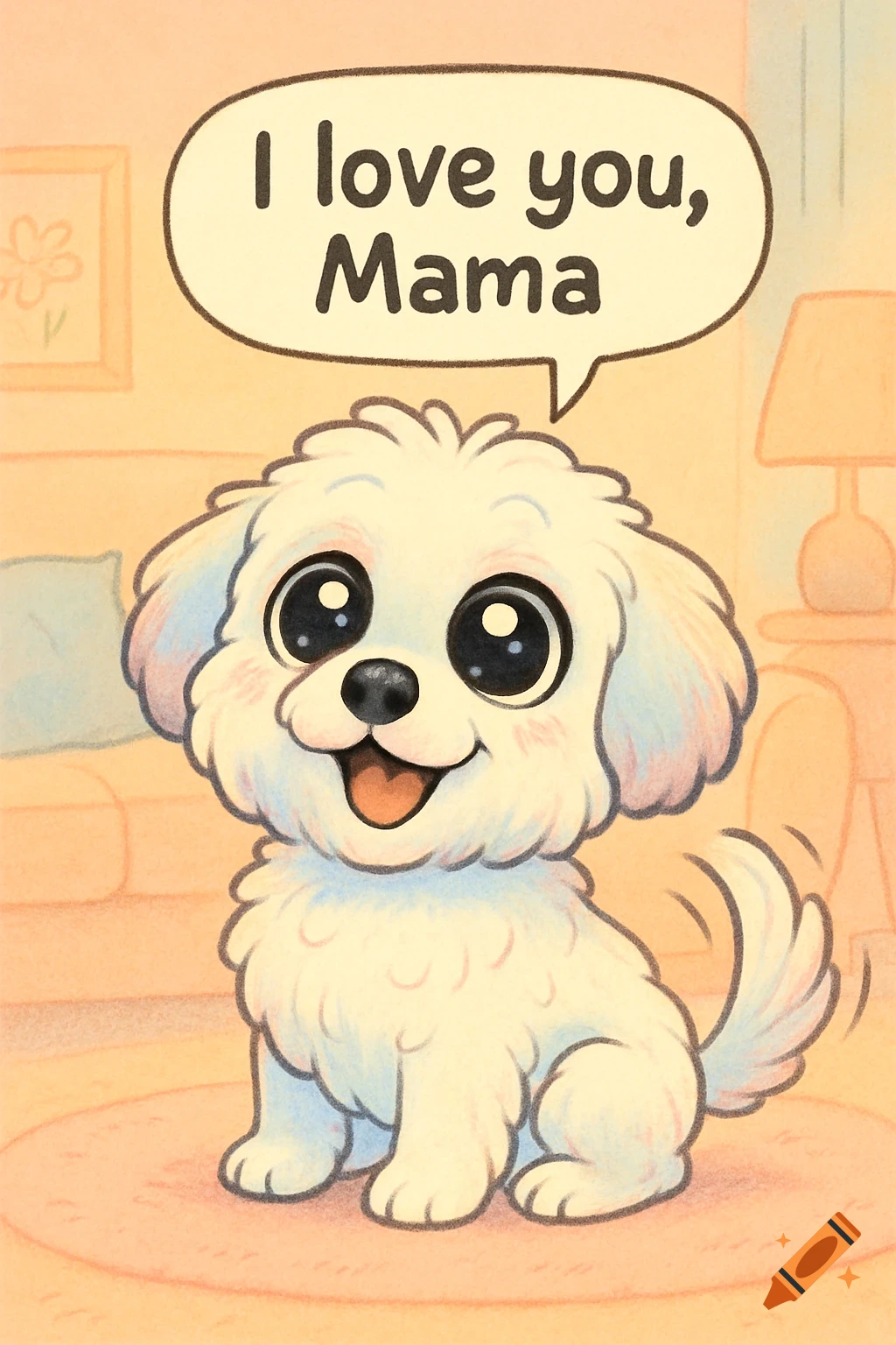 Cute cartoon fluffy white dog with big eyes and an open mouth, saying 'I love you, Mama' in a speech bubble.
