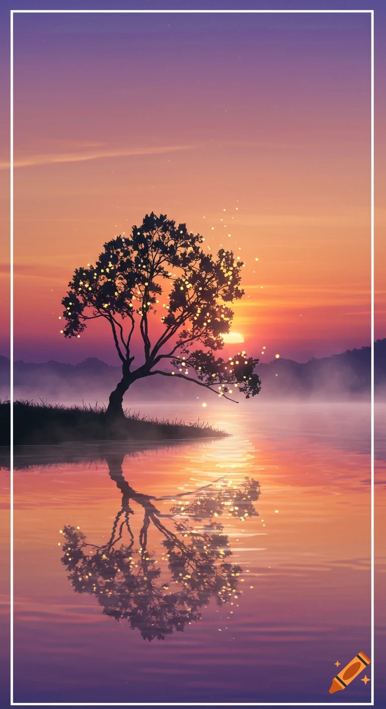A silhouetted tree with glowing lights stands on an island in calm water at sunset, with a purple and orange sky.