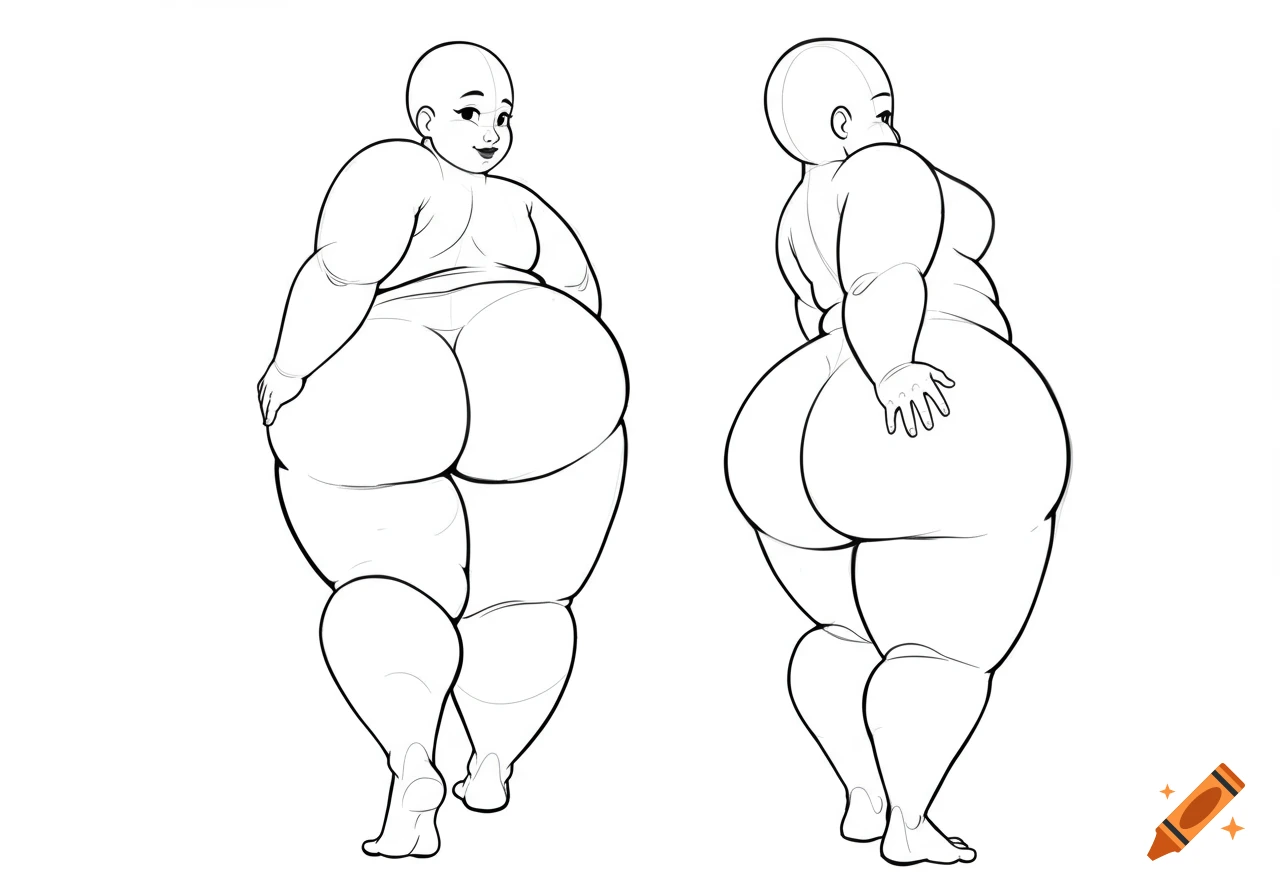 Two line art figures of a plump female character, front and back views, with emphasis on a large butt, on a white background.