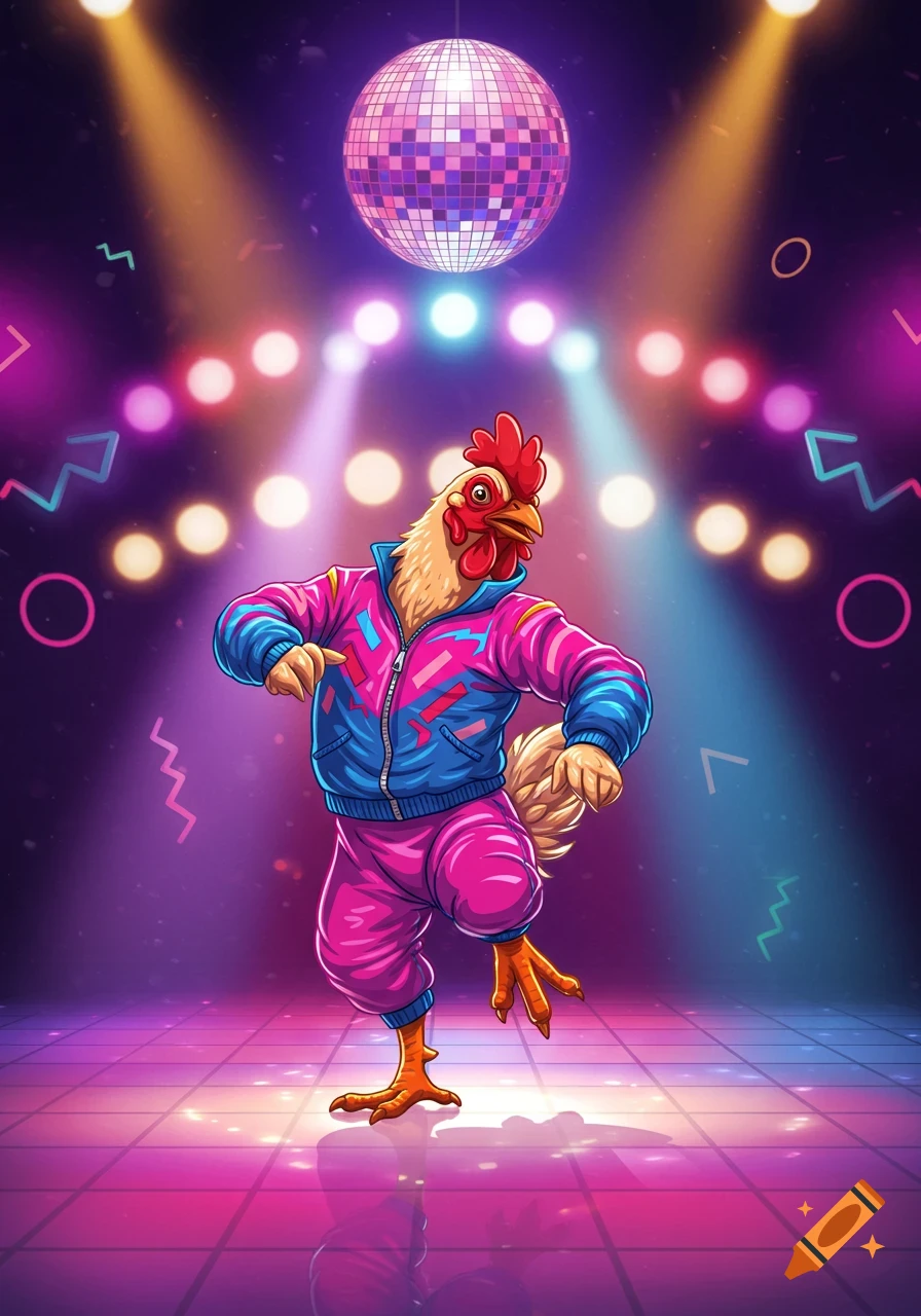 A cartoon chicken in a vibrant 80s tracksuit dances under a disco ball and spotlights on a reflective floor.