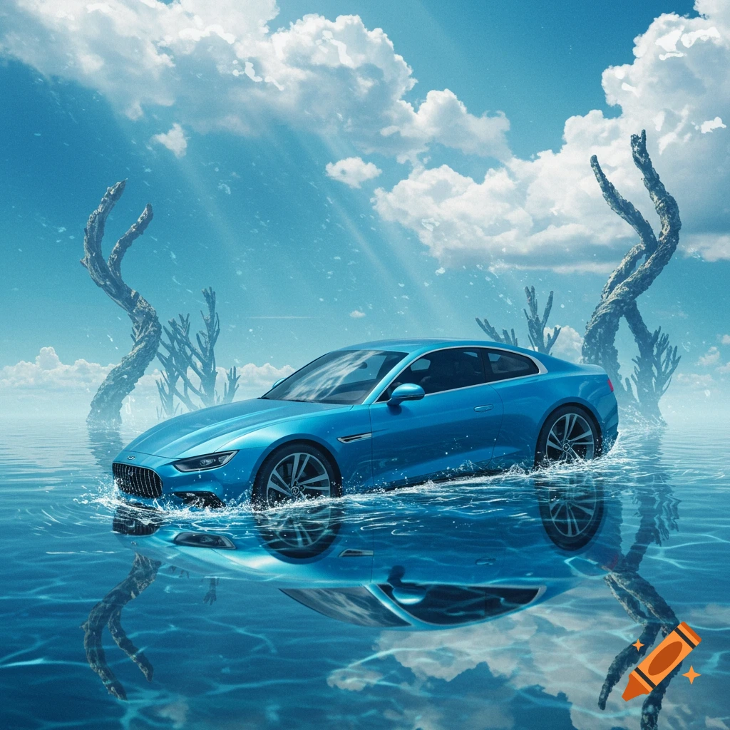 A blue sports car drives through clear water, splashing under a blue sky with clouds and abstract, twisted tree-like structures.